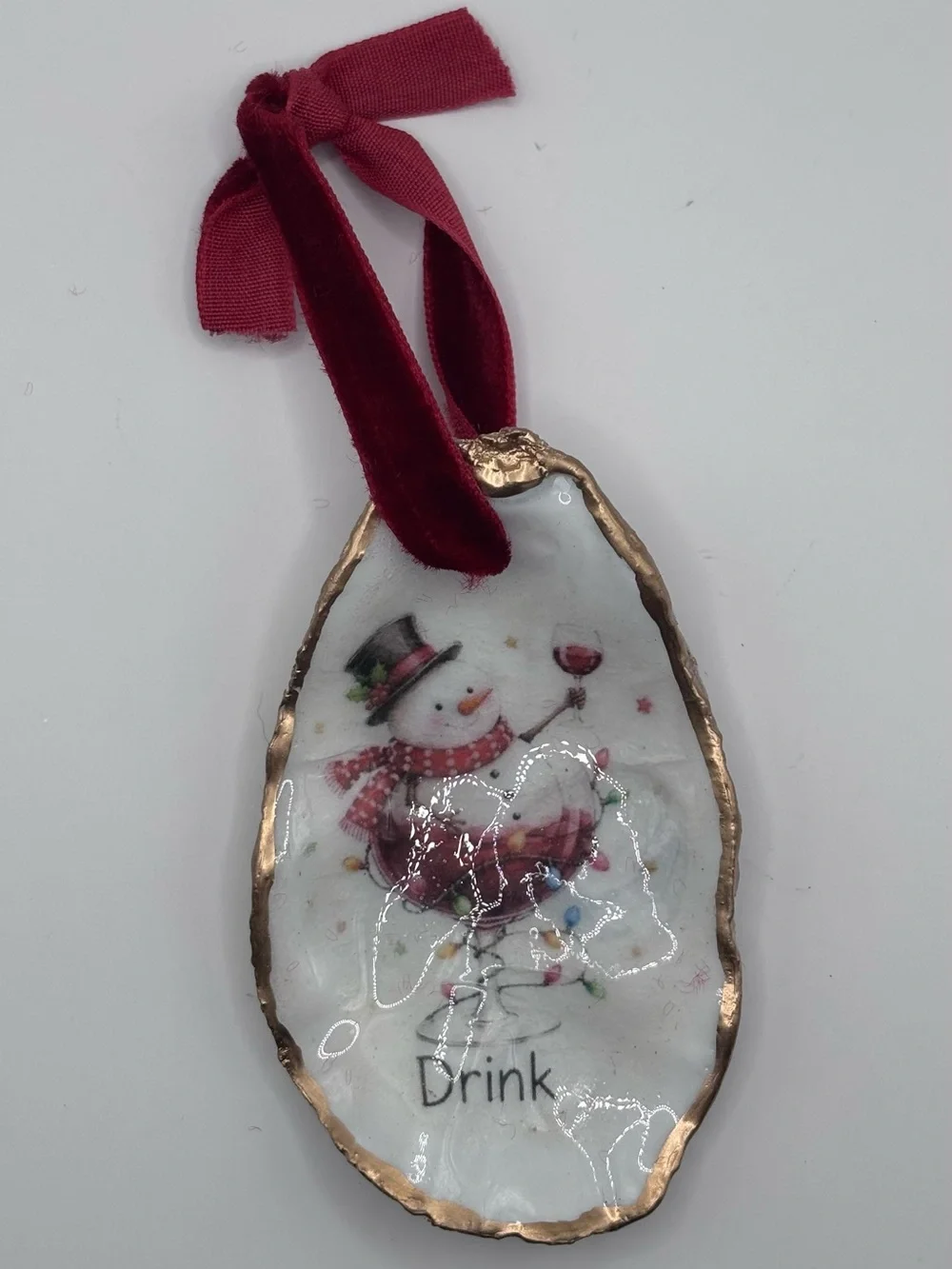 Holiday Snowman 'Drink' Oyster Shell Ornament - Red Accent